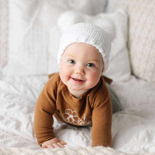 Chenille Double Pom Beanie Hat | Snowy White