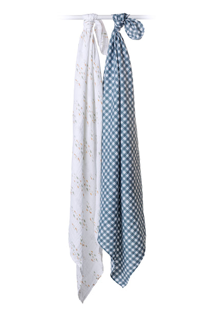 2-pack Cotton Swaddles - Fish / Navy Gingham