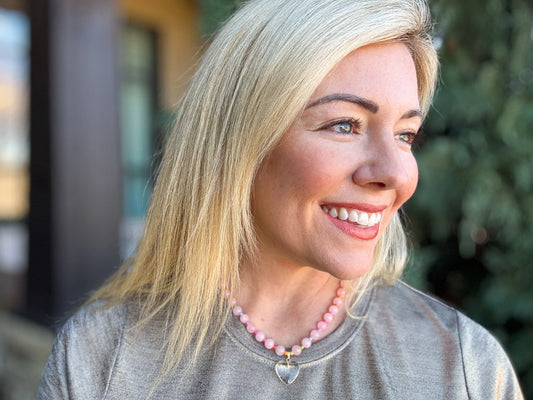 Beaded Necklace - Pink + Multi-Color W/Dangle Heart - Lottie