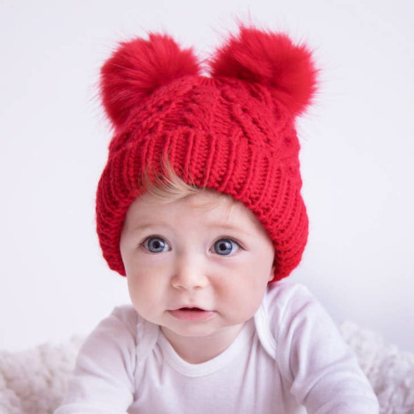 Double Pom Fluffer Beanie Hat | Red