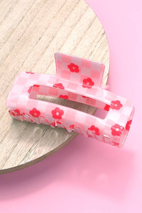 Daisy Checker Rectangular Claw Clips | Pink
