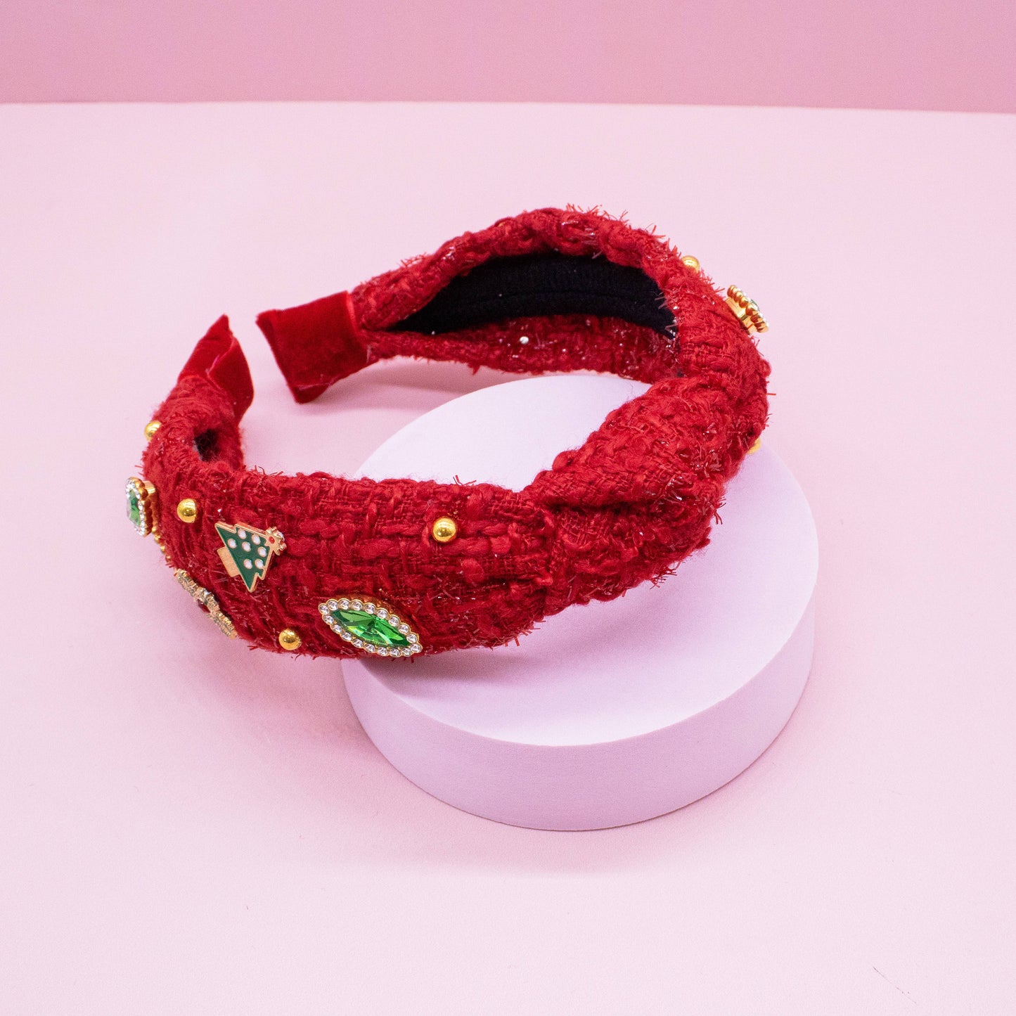 Kid's Embellished Christmas Charm Knot Headband | Red Tweed