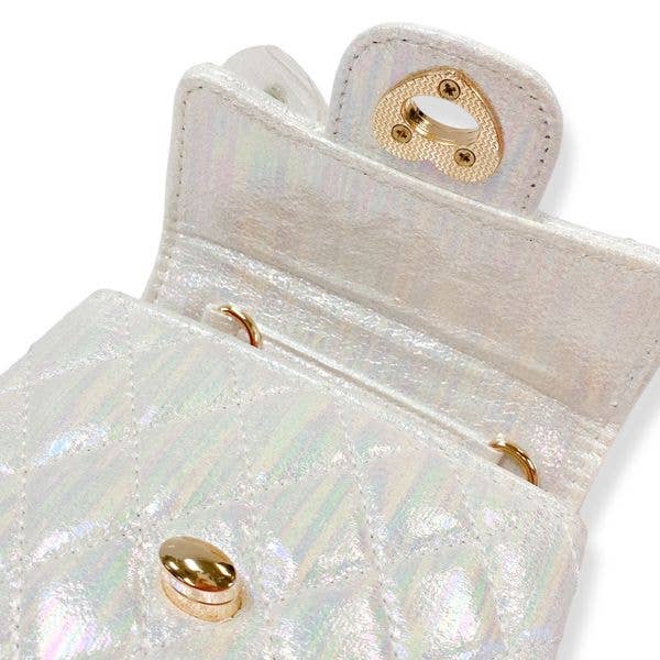 Embellished Bow Shiny Quilted Purse | White