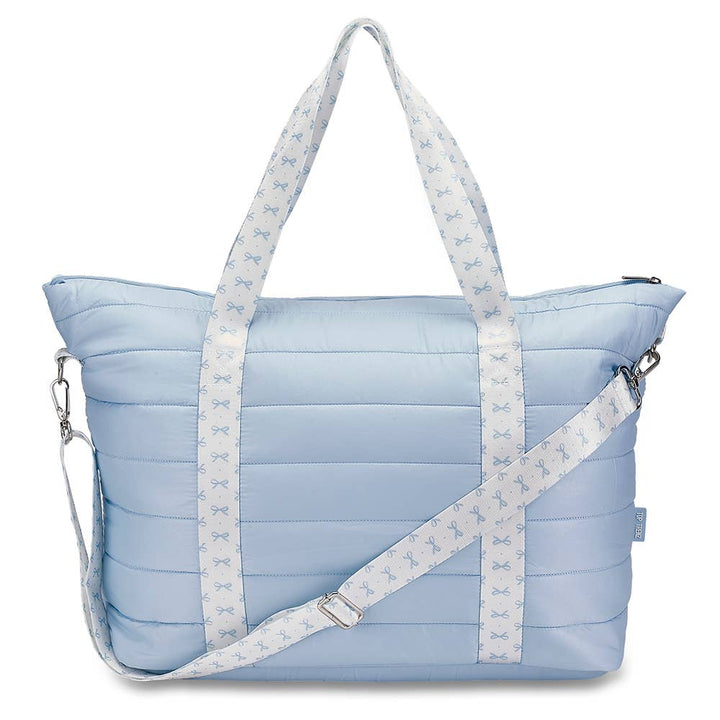 Blue Puffer Tote with Blue Bow Adjustable Strap