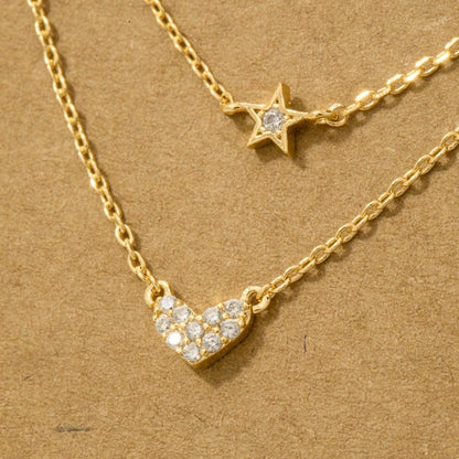 Gold Dipped Layered Chain Pave Heart Star Necklace