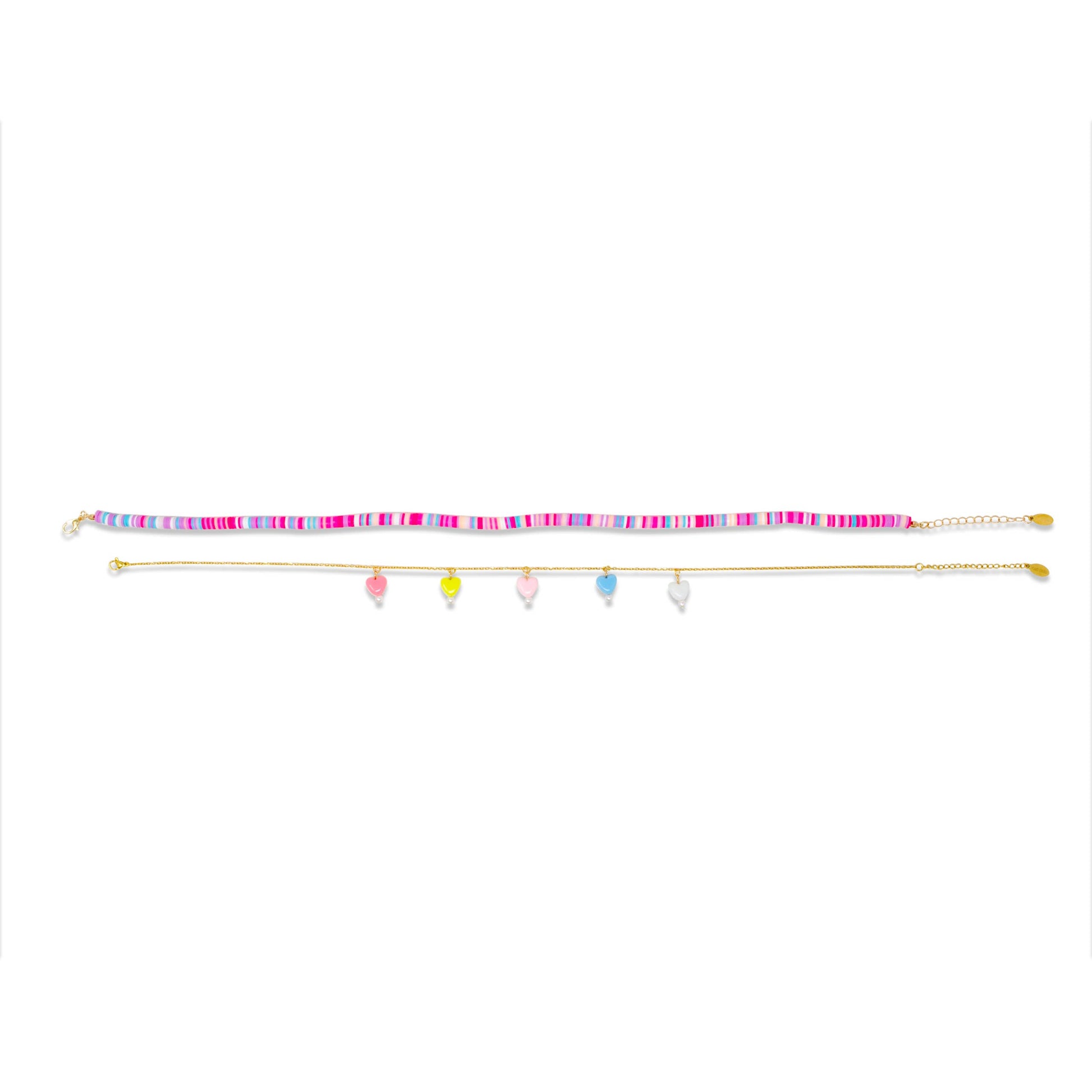 Girl's Colorful Disk Necklace & Charm Duo - Hearts
