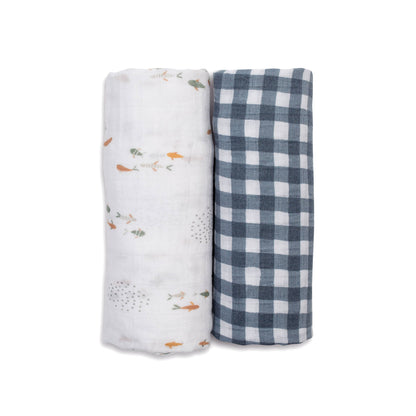 2-pack Cotton Swaddles - Fish / Navy Gingham