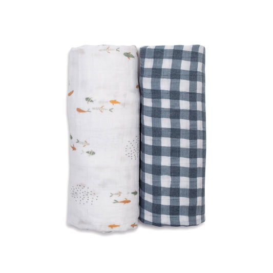 2-pack Cotton Swaddles - Fish / Navy Gingham