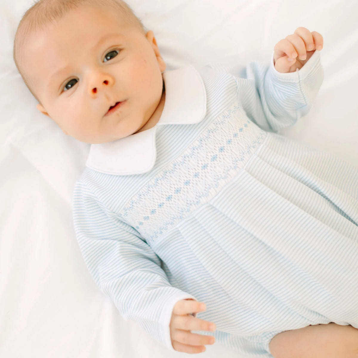 Benjamin Smocked Long Sleeve Bubble | Light Blue