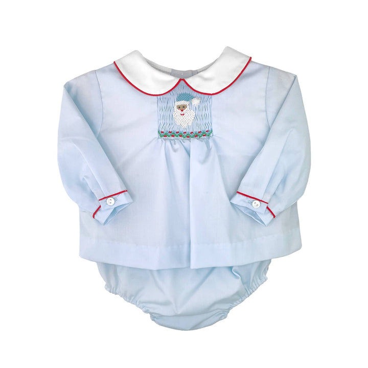 Blue Hand Smocked Santa Diaper Set