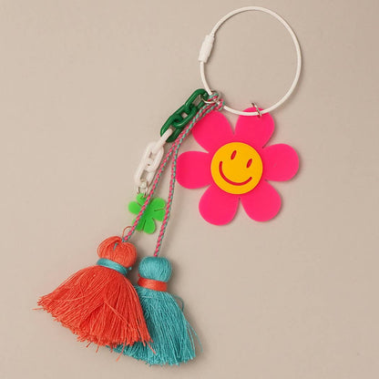 Happy Face Flower Color Tassel Keychain | Fuschsia