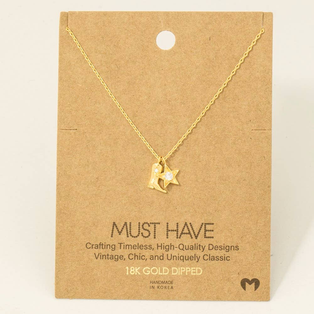 Gold Dipped Cowboy Boots Star Pendant Necklace
