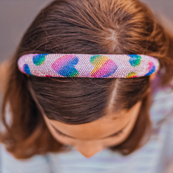 Kid's Padded Rhinestone Headband | Rainbow Hearts