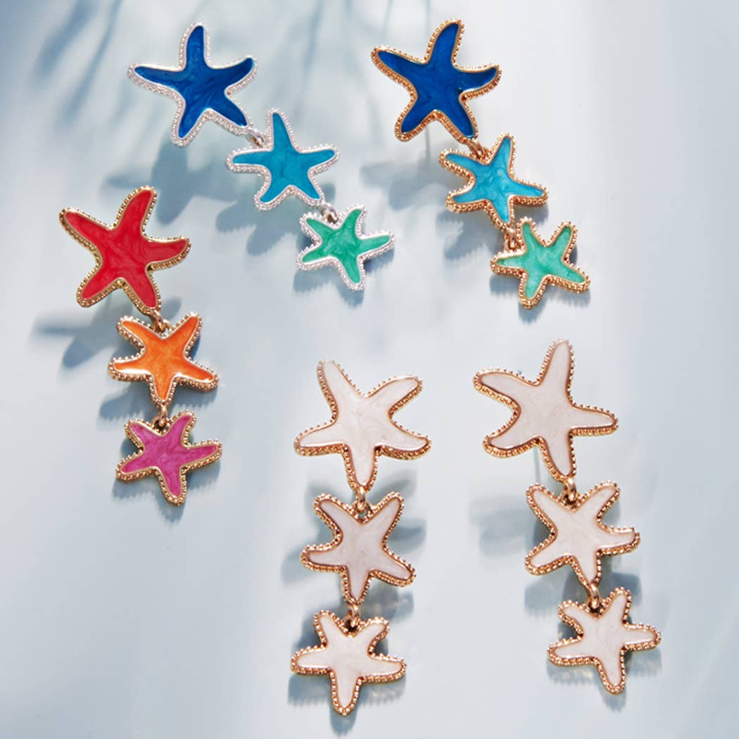 Triple Pearlized Starfish Drops Post Earrings | Teal