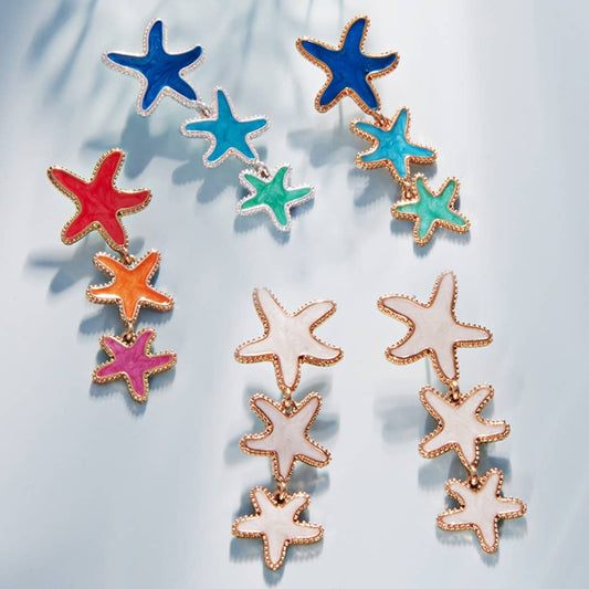 Triple Pearlized Starfish Drops Post Earrings | Coral