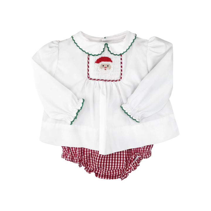 Girl's White Hand Smocked Santa Diaper Set