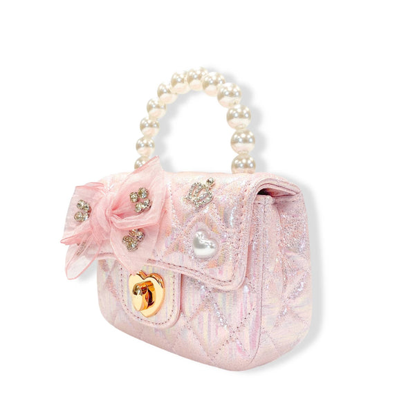 Embellished Bow Shiny Quilted Purse | White