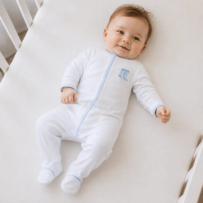 Darling Cowboy Boots Embroidered Footie | Light Blue