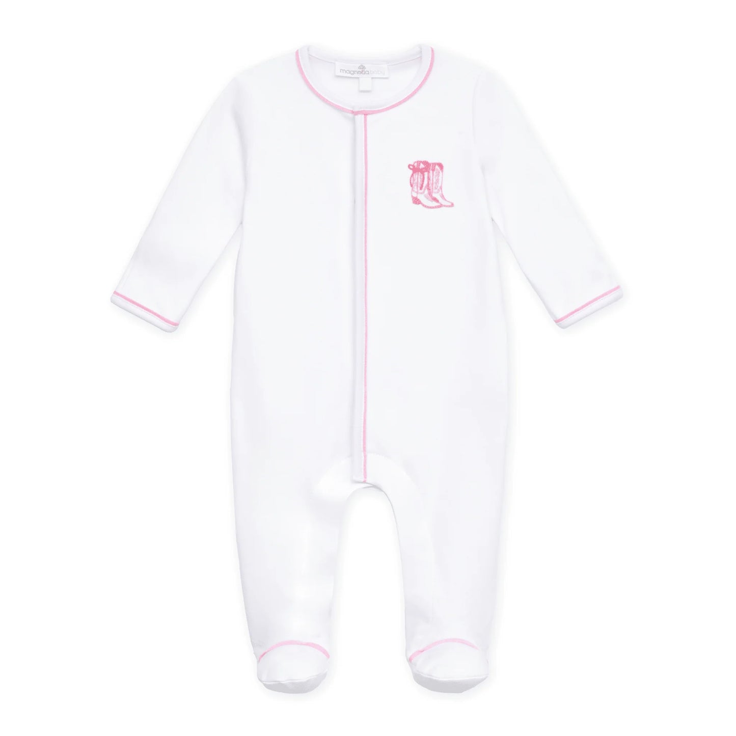 Darling Cowboy Boots Ruffle Embroidered Footie | Pink
