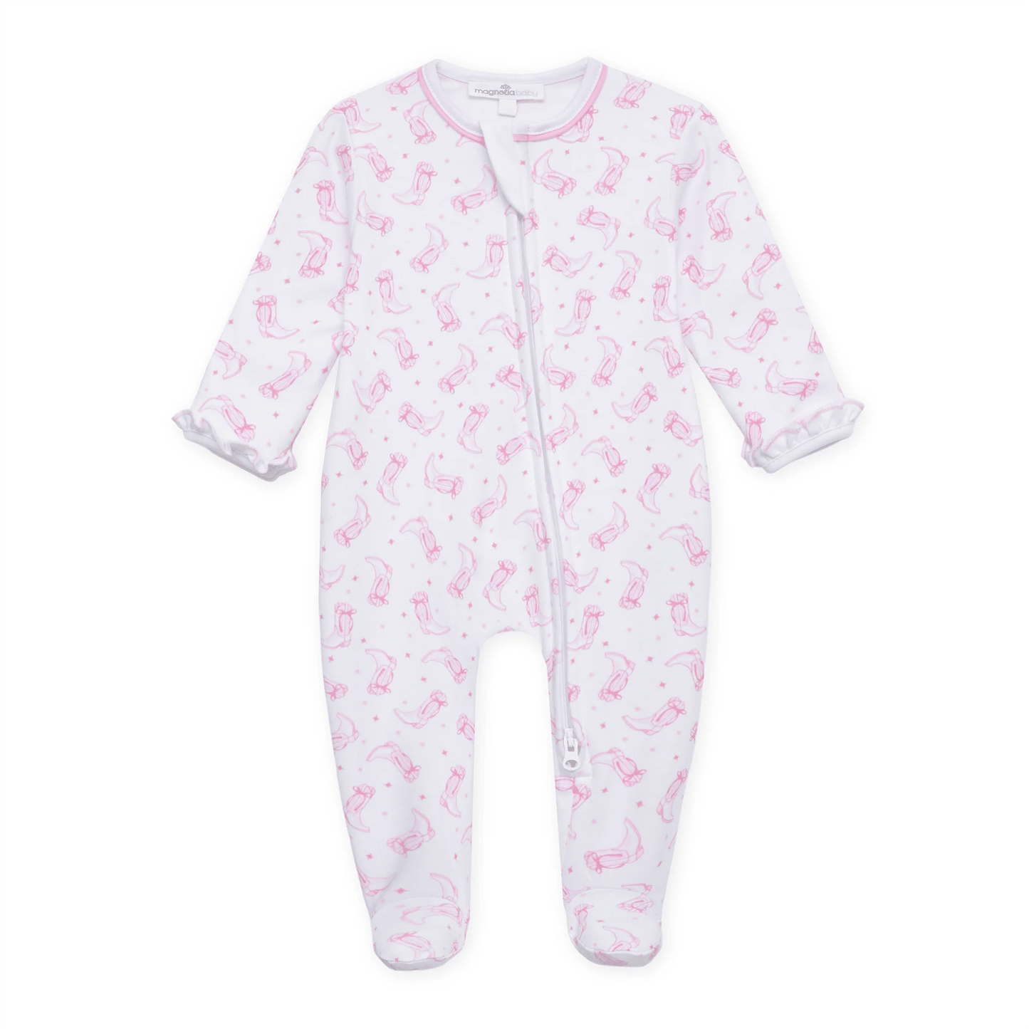 Darling Cowboy Boots Print Ruffle Footie | Pink