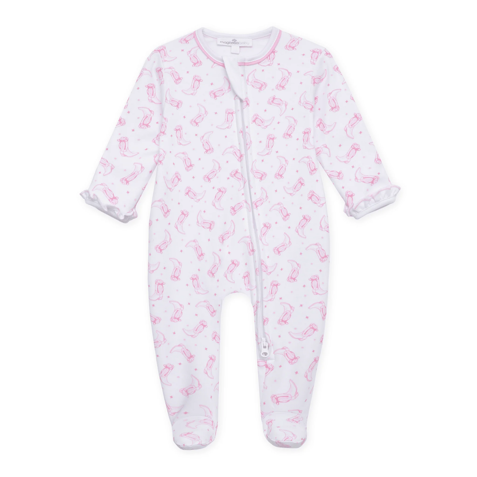 Darling Cowboy Boots Print Ruffle Footie | Pink