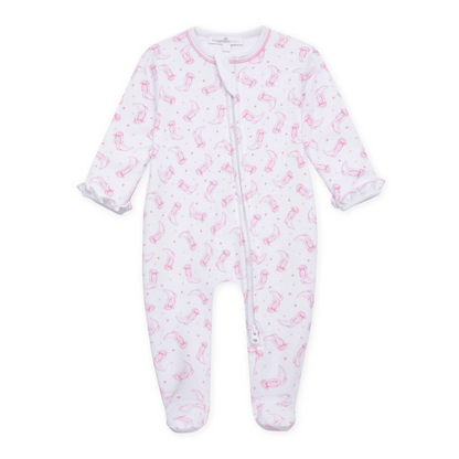 Darling Cowboy Boots Print Ruffle Footie | Pink