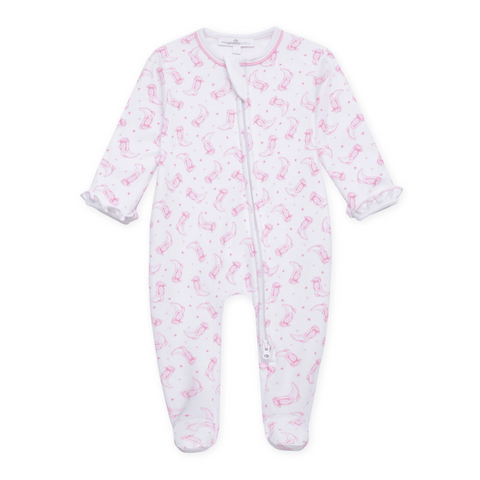 Darling Cowboy Boots Print Ruffle Footie | Pink