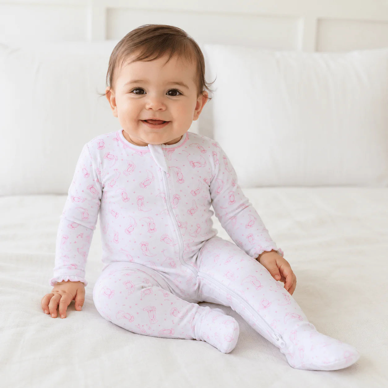 Darling Cowboy Boots Print Ruffle Footie | Pink