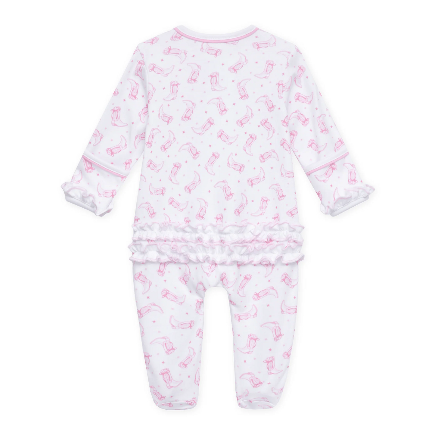 Darling Cowboy Boots Print Ruffle Footie | Pink