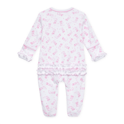 Darling Cowboy Boots Print Ruffle Footie | Pink