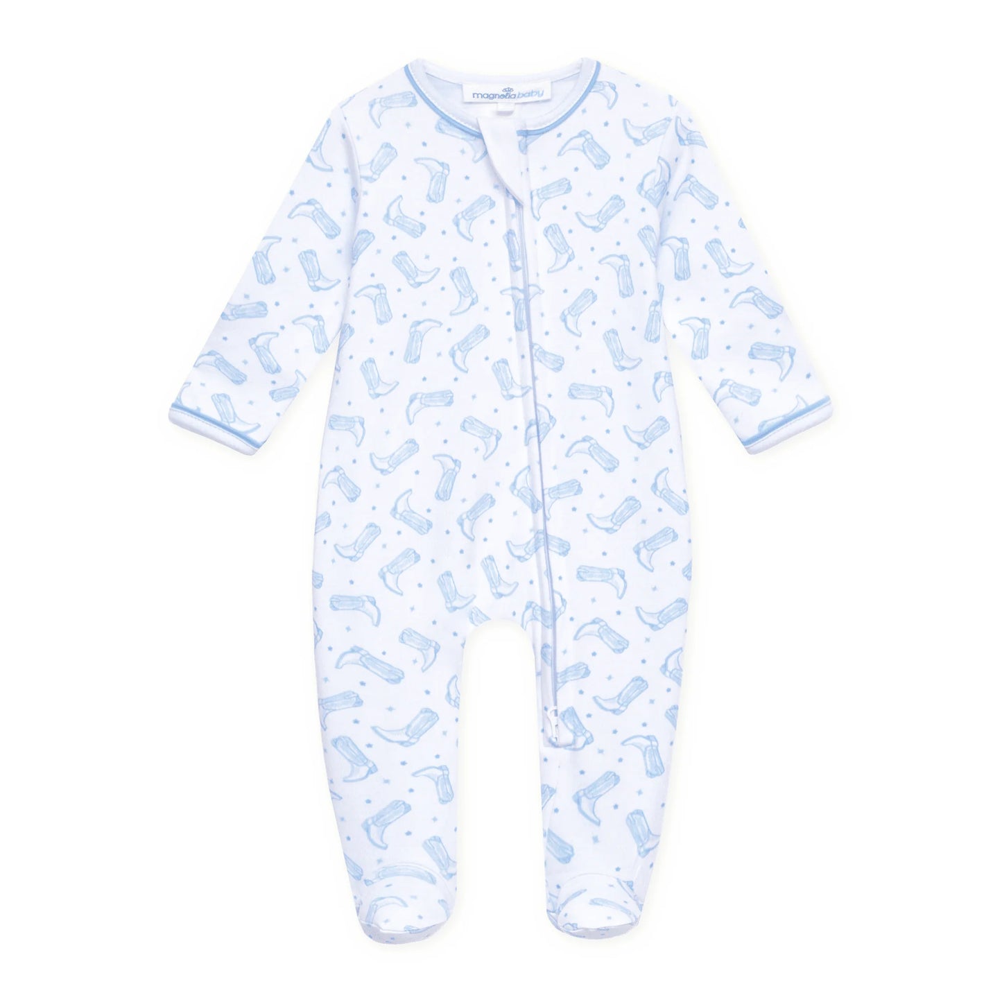 Darling Cowboy Boots Print Footie | Light Blue
