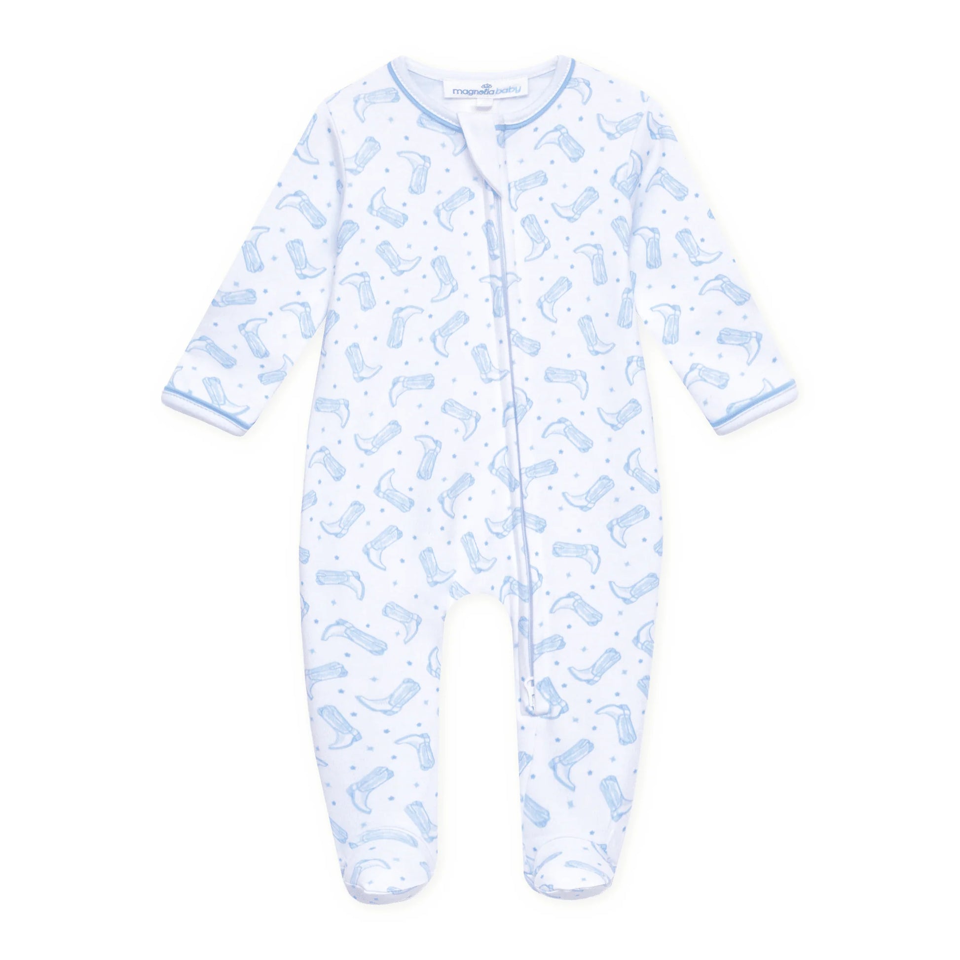 Darling Cowboy Boots Print Footie | Light Blue