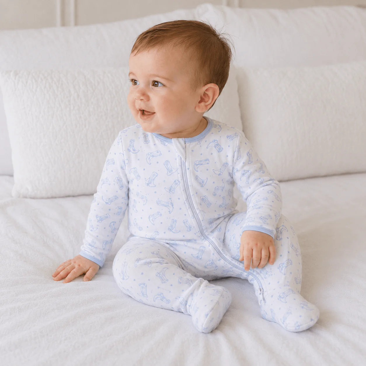 Darling Cowboy Boots Print Footie | Light Blue