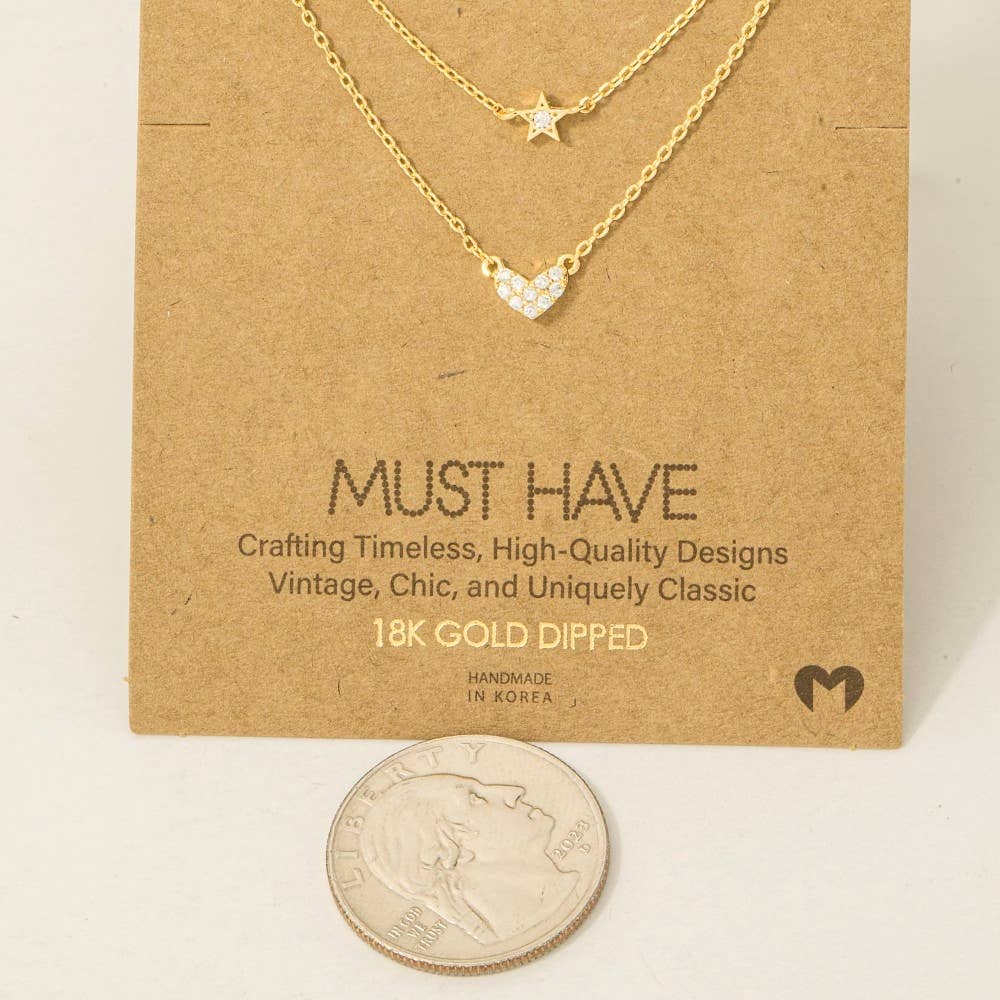 Gold Dipped Layered Chain Pave Heart Star Necklace