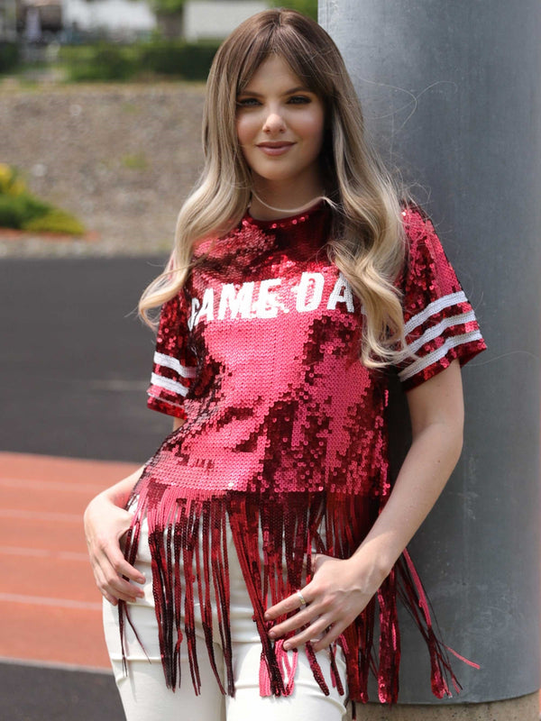 Gameday Sequin Fringe Top | Maroon and White