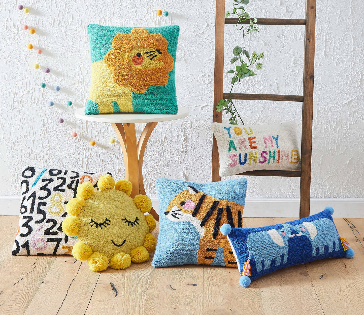 Sunshine Hook Pillow w/Pom Poms