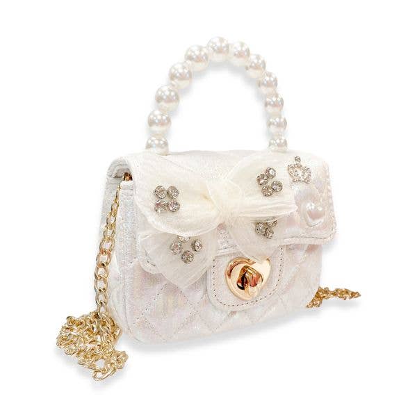 Embellished Bow Shiny Quilted Purse | White