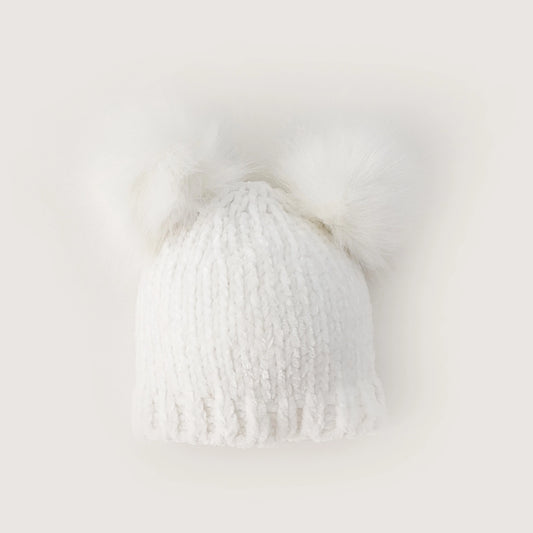 Chenille Double Pom Beanie Hat | Snowy White
