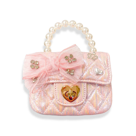 Embellished Bow Shiny Quilted Purse | White