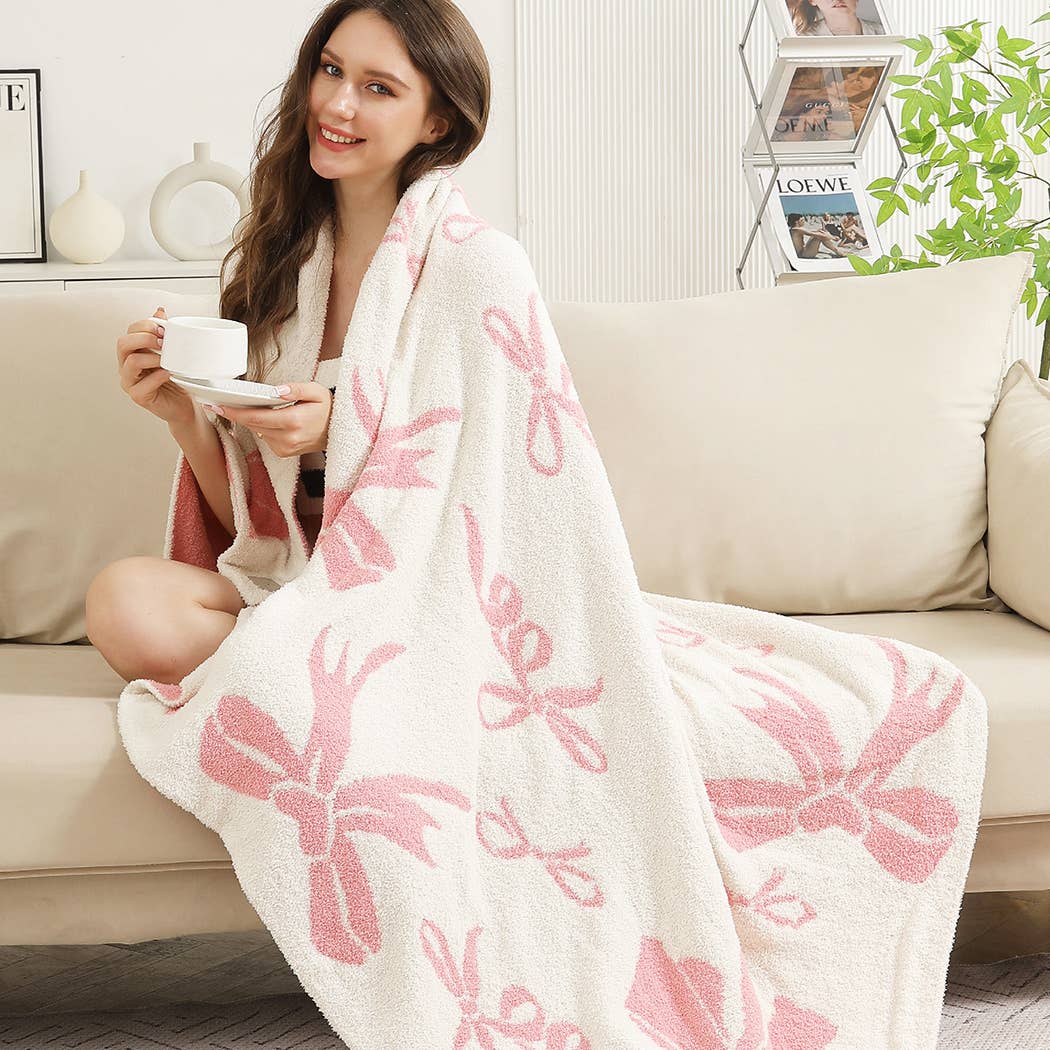 Ribbon Cozy Soft Throw Blanket | Light Pink