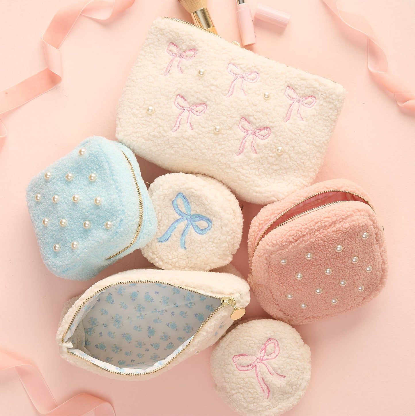 Teddy Pouch-Bows Pink