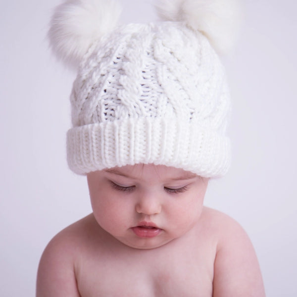 Double Pom Fluffer Beanie Hat | Winter White