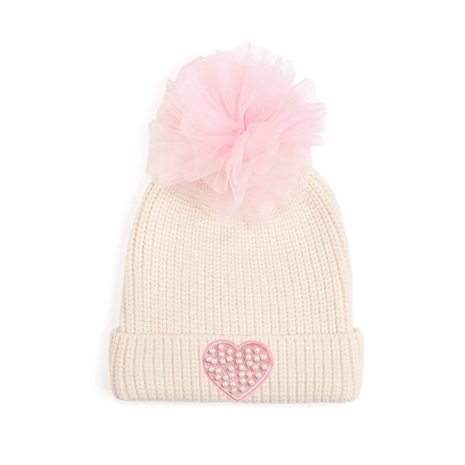 Pearl Heart Patch Pom Pom Beanie - Kids Accessories