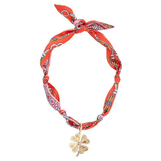 Briar Pave Clover Scarf Necklace in Coral/Light Pink/White