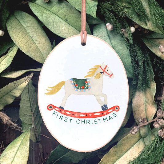 Custom Personalized Ornament | First Christmas Festive Rocking Horse