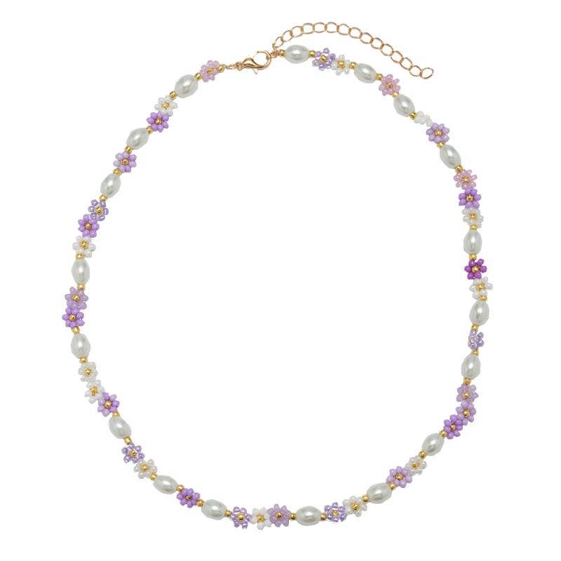 Purple, Lavender Flower & Pearl Beaded Necklace
