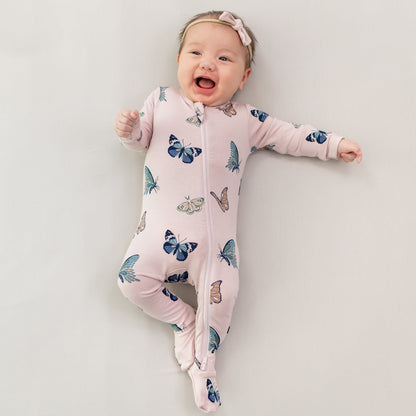 Kyte Baby Zippered Bamboo Footie | Blush Butterfly