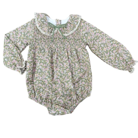 Smocked Green Floral Bubble with Bow