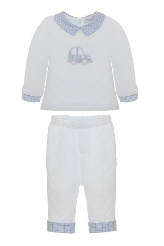 Quilted Knit Pant Set | White/Blue Car
