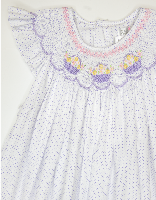 Flower Basket Smocked Dress | Lavender Dot